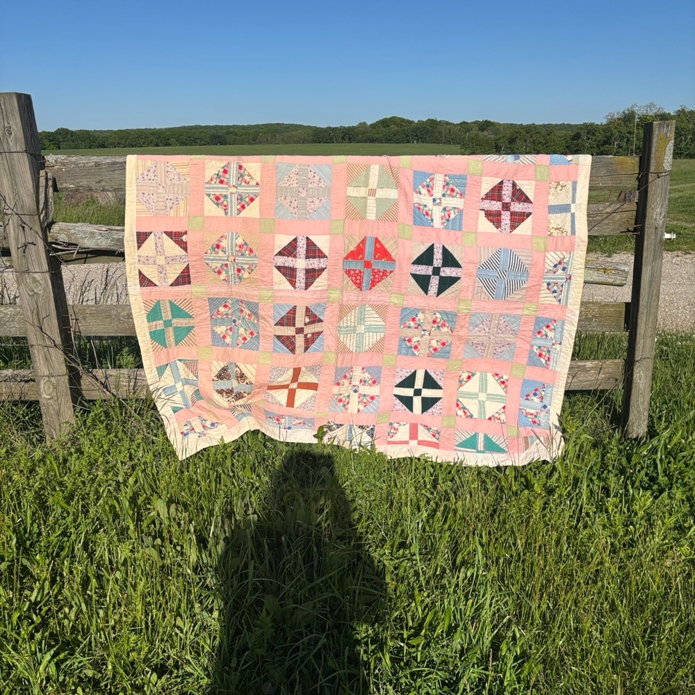 Handmade Pink Patchwork Quilted Bedspread - Vintage Style